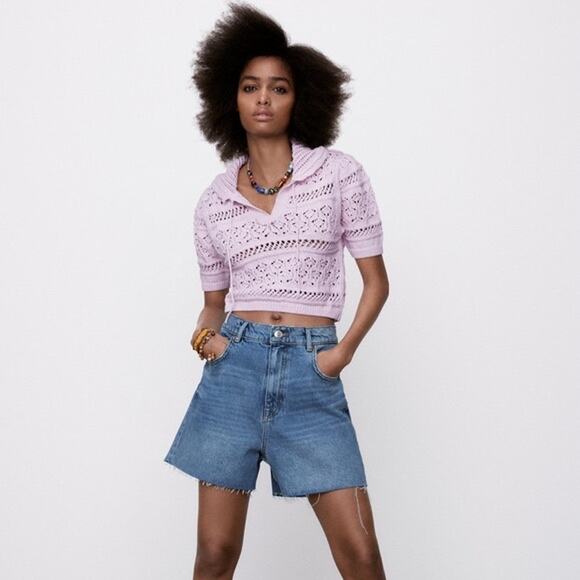 NEW Zara Pink Crochet Collared Tie Keyhole Open Knit Short Sleeve Sweater Top M - Picture 1 of 7